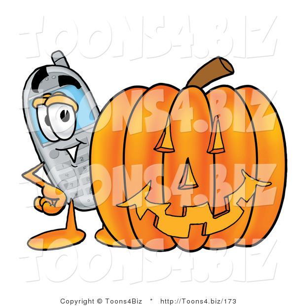 Illustration of a Cartoon Cellphone Mascot with a Carved Halloween Pumpkin
