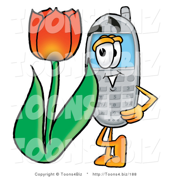 Illustration of a Cartoon Cellphone Mascot with a Red Tulip Flower in the Spring