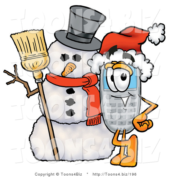 Illustration of a Cartoon Cellphone Mascot with a Snowman on Christmas