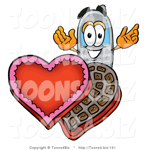 Illustration of a Cartoon Cellphone Mascot with an Open Box of Valentines Day Chocolate Candies
