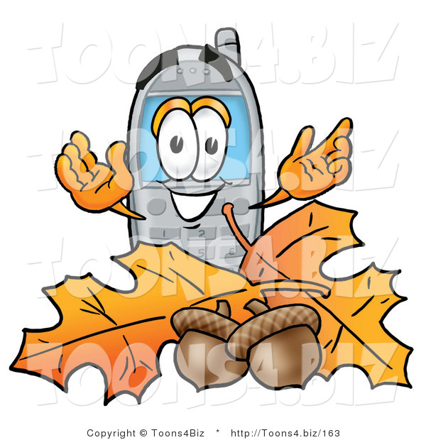 Illustration of a Cartoon Cellphone Mascot with Autumn Leaves and Acorns in the Fall