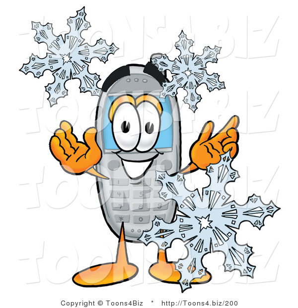 Illustration of a Cartoon Cellphone Mascot with Three Snowflakes in Winter