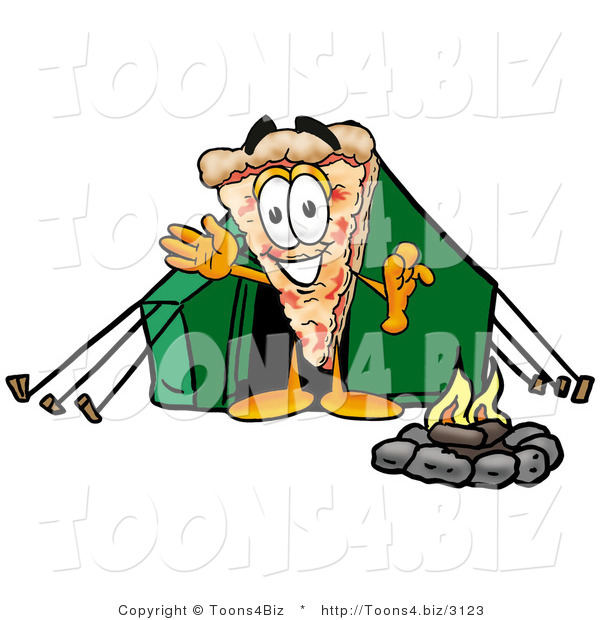 Illustration of a Cartoon Cheese Pizza Mascot Camping with a Tent and Fire