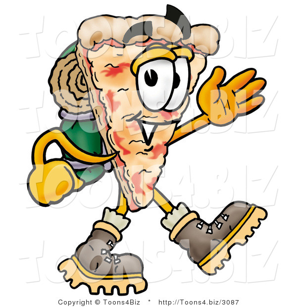 Illustration of a Cartoon Cheese Pizza Mascot Hiking and Carrying a Backpack