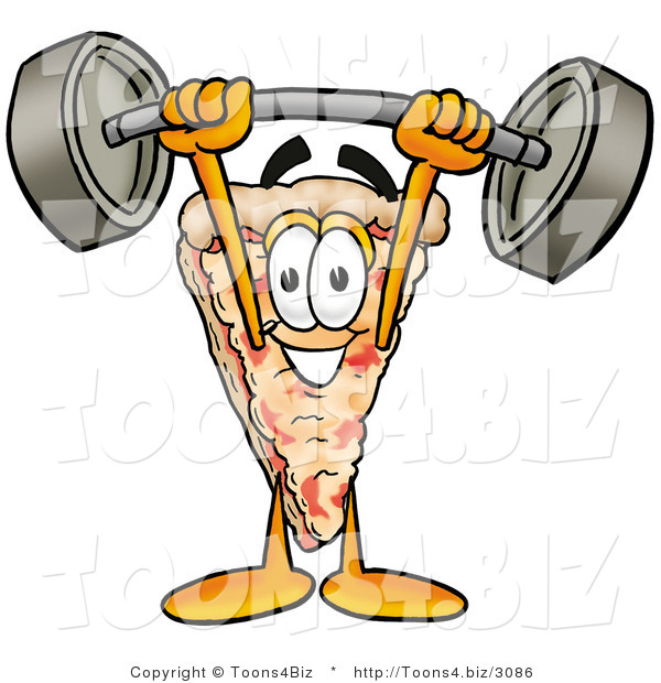 Illustration of a Cartoon Cheese Pizza Mascot Holding a Heavy Barbell Above His Head