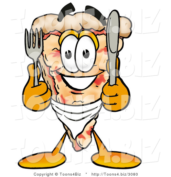 Illustration of a Cartoon Cheese Pizza Mascot Holding a Knife and Fork