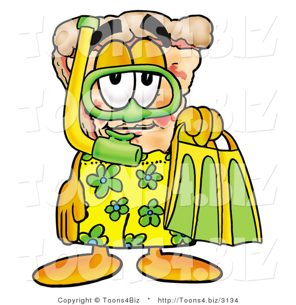 Illustration of a Cartoon Cheese Pizza Mascot in Green and Yellow Snorkel Gear