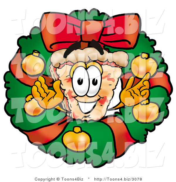 Illustration of a Cartoon Cheese Pizza Mascot in the Center of a Christmas Wreath