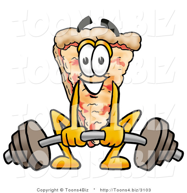 Illustration of a Cartoon Cheese Pizza Mascot Lifting a Heavy Barbell