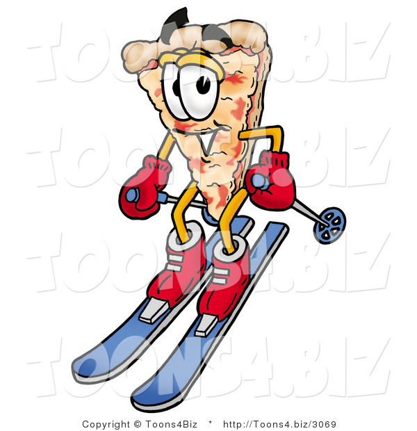 Illustration of a Cartoon Cheese Pizza Mascot Skiing Downhill