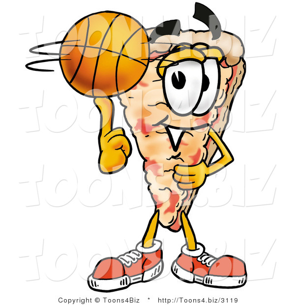 Illustration of a Cartoon Cheese Pizza Mascot Spinning a Basketball on His Finger