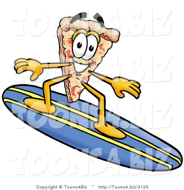 Illustration of a Cartoon Cheese Pizza Mascot Surfing on a Blue and Yellow Surfboard