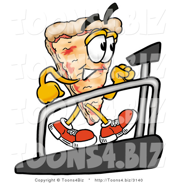 Illustration of a Cartoon Cheese Pizza Mascot Walking on a Treadmill in a Fitness Gym