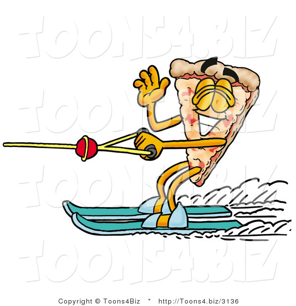 Illustration of a Cartoon Cheese Pizza Mascot Waving While Water Skiing