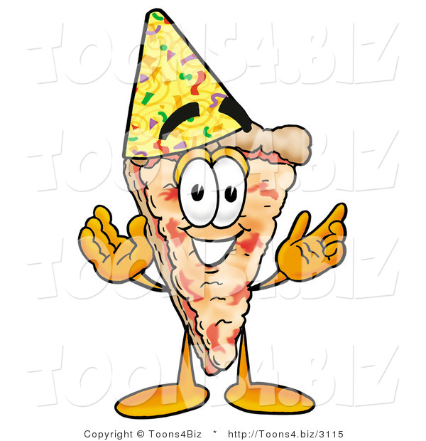 Illustration of a Cartoon Cheese Pizza Mascot Wearing a Birthday Party Hat