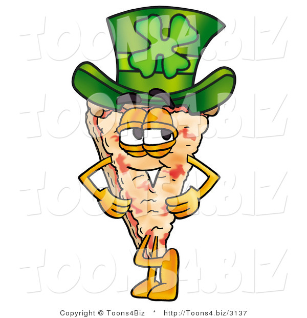 Illustration of a Cartoon Cheese Pizza Mascot Wearing a Saint Patricks Day Hat with a Clover on It