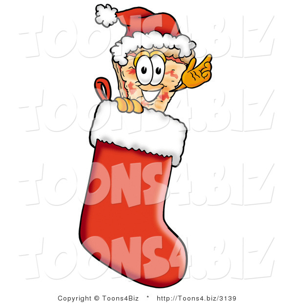 Illustration of a Cartoon Cheese Pizza Mascot Wearing a Santa Hat Inside a Red Christmas Stocking