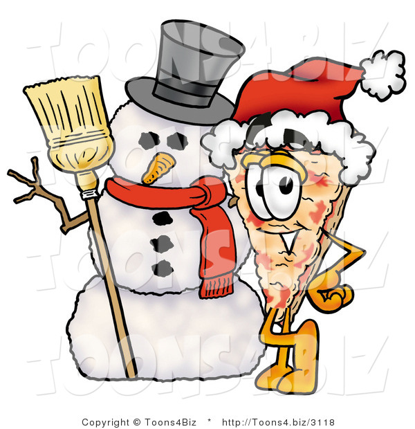 Illustration of a Cartoon Cheese Pizza Mascot with a Snowman on Christmas