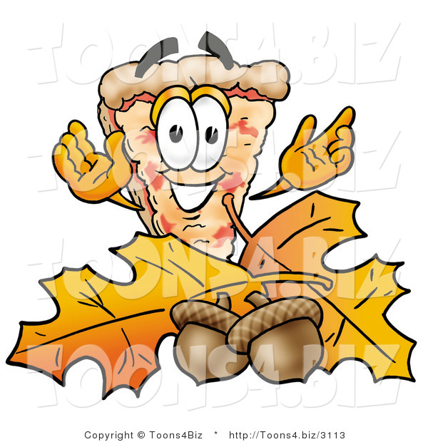 Illustration of a Cartoon Cheese Pizza Mascot with Autumn Leaves and Acorns in the Fall