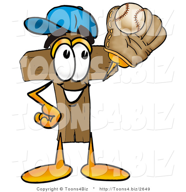 Illustration of a Cartoon Christian Cross Mascot Catching a Baseball with a Glove