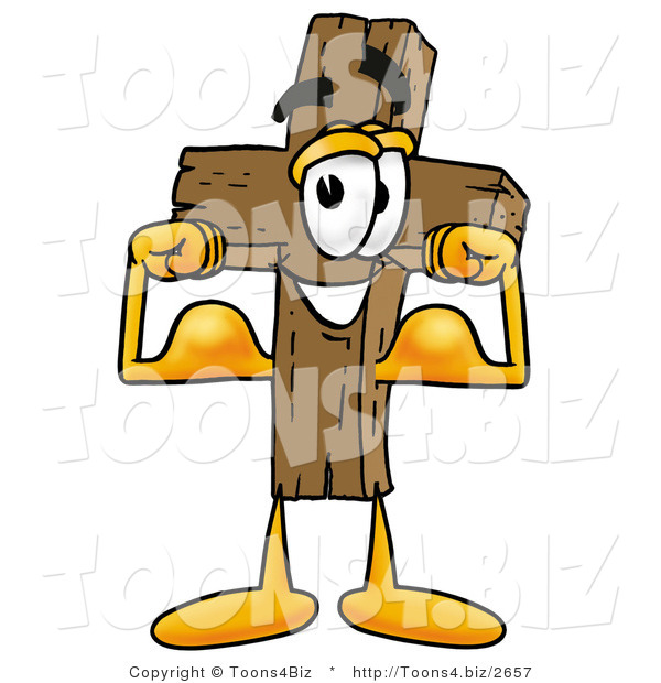 Illustration of a Cartoon Christian Cross Mascot Flexing His Arm Muscles