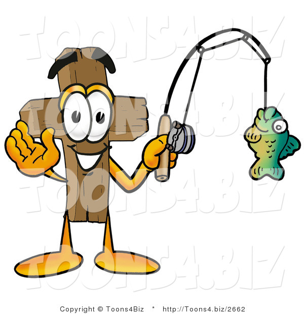 Illustration of a Cartoon Christian Cross Mascot Holding a Fish on a Fishing Pole