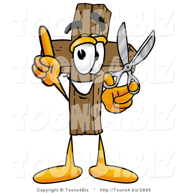 Illustration of a Cartoon Christian Cross Mascot Holding a Pair of Scissors