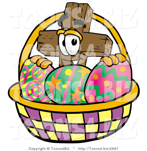 Illustration of a Cartoon Christian Cross Mascot in an Easter Basket Full of Decorated Easter Eggs