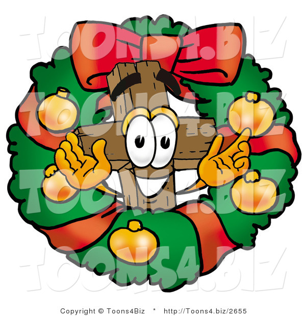 Illustration of a Cartoon Christian Cross Mascot in the Center of a Christmas Wreath