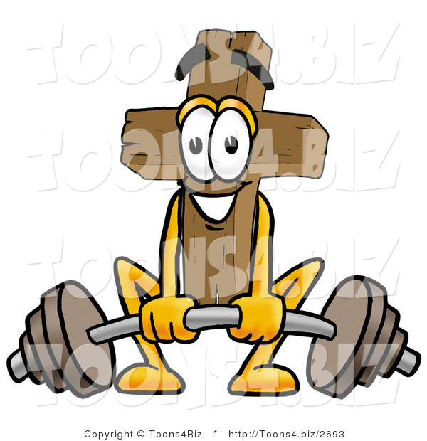 Illustration of a Cartoon Christian Cross Mascot Lifting a Heavy Barbell