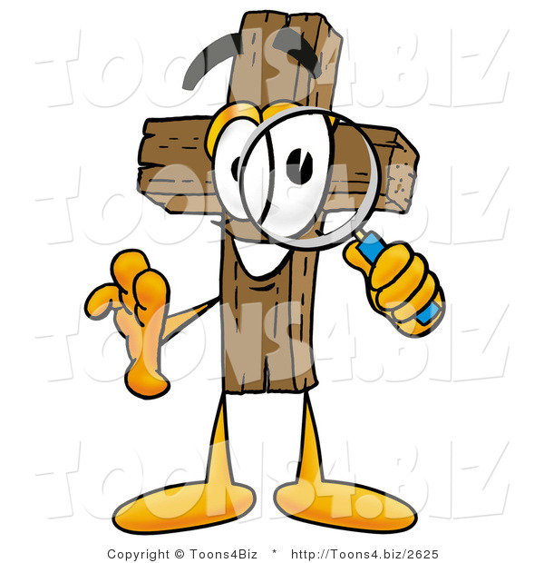 Illustration of a Cartoon Christian Cross Mascot Looking Through a Magnifying Glass
