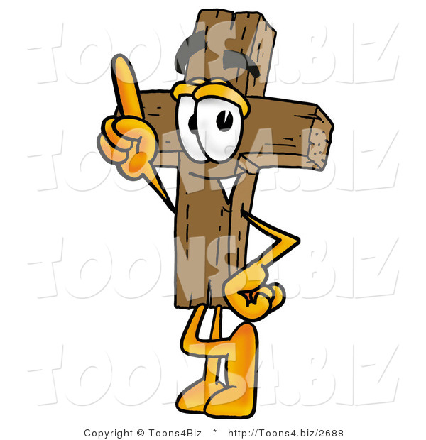 Illustration of a Cartoon Christian Cross Mascot Pointing Upwards