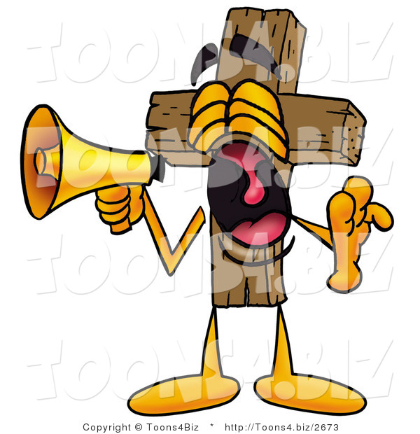 Illustration of a Cartoon Christian Cross Mascot Screaming into a Megaphone