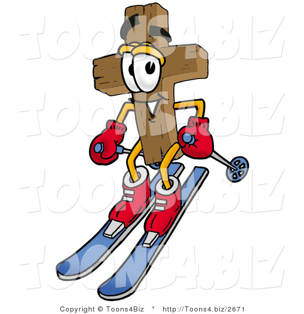 Illustration of a Cartoon Christian Cross Mascot Skiing Downhill