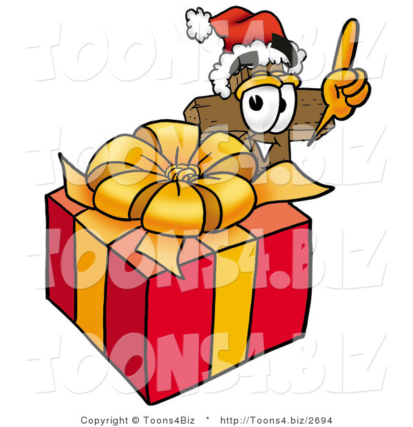 Illustration of a Cartoon Christian Cross Mascot Standing by a Christmas Present