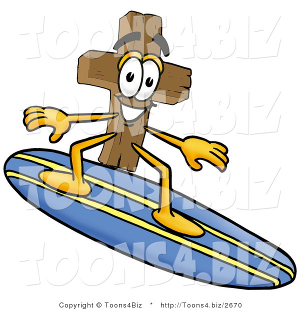 Illustration of a Cartoon Christian Cross Mascot Surfing on a Blue and Yellow Surfboard