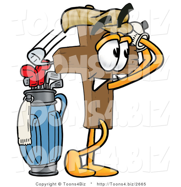 Illustration of a Cartoon Christian Cross Mascot Swinging His Golf Club While Golfing