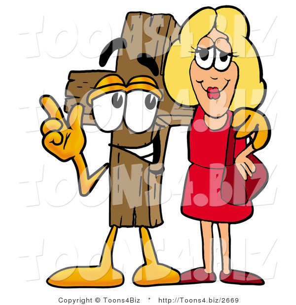 Illustration of a Cartoon Christian Cross Mascot Talking to a Pretty Blond Woman