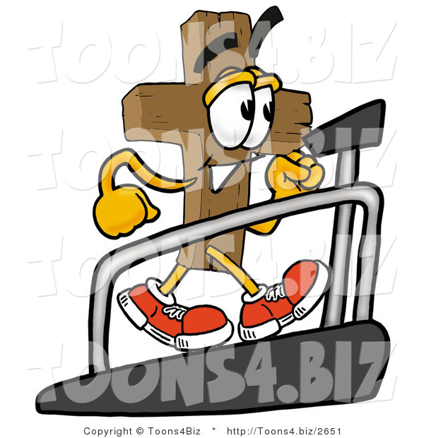 Illustration of a Cartoon Christian Cross Mascot Walking on a Treadmill in a Fitness Gym