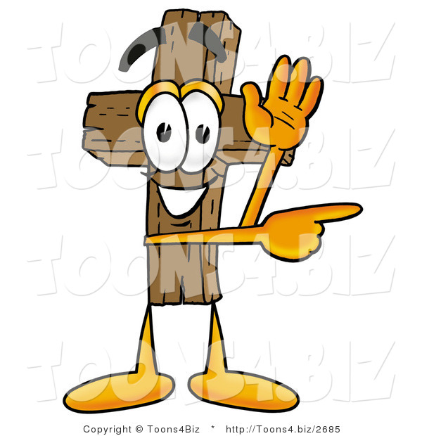 Illustration of a Cartoon Christian Cross Mascot Waving and Pointing