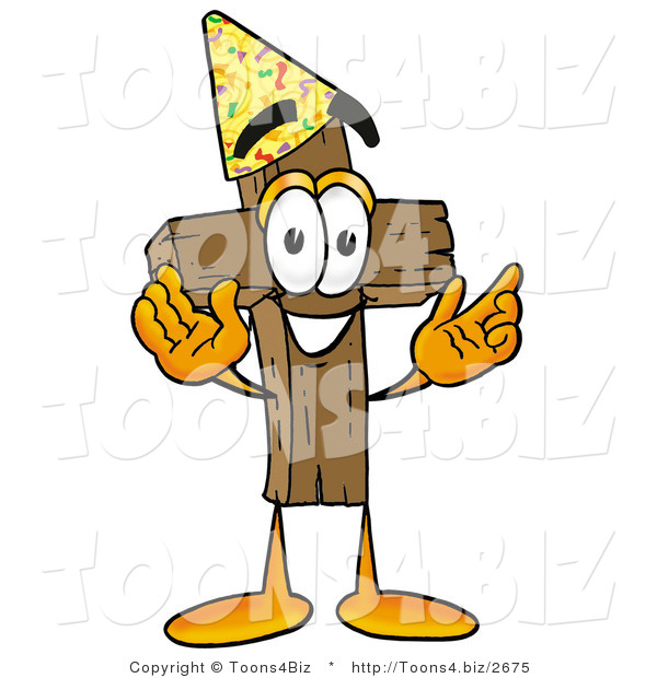 Illustration of a Cartoon Christian Cross Mascot Wearing a Birthday Party Hat
