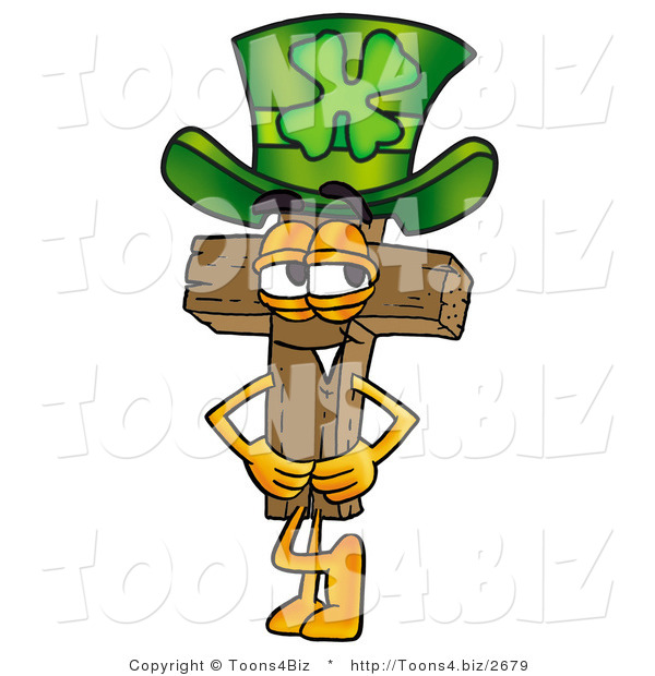 Illustration of a Cartoon Christian Cross Mascot Wearing a Saint Patricks Day Hat with a Clover on It