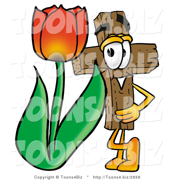 Illustration of a Cartoon Christian Cross Mascot with a Red Tulip Flower in the Spring