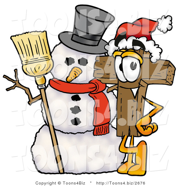 Illustration of a Cartoon Christian Cross Mascot with a Snowman on Christmas