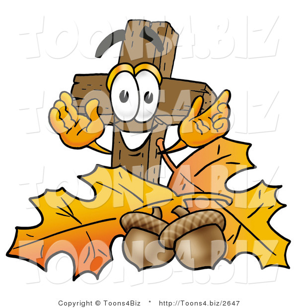 Illustration of a Cartoon Christian Cross Mascot with Autumn Leaves and Acorns in the Fall