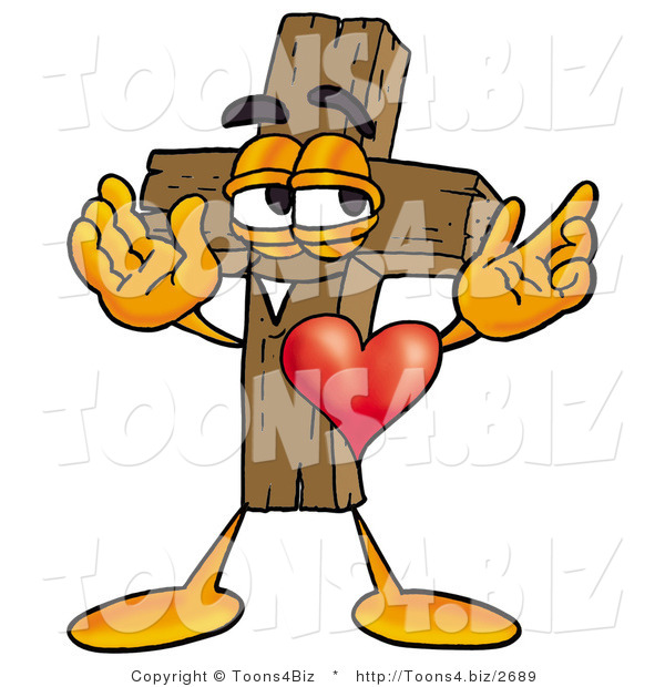 Illustration of a Cartoon Christian Cross Mascot with His Heart Beating out of His Chest