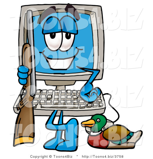 Illustration of a Cartoon Computer Mascot Duck Hunting, Standing with a Rifle and Duck