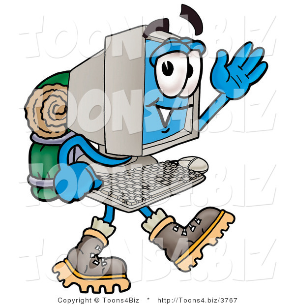 Illustration of a Cartoon Computer Mascot Hiking and Carrying a Backpack
