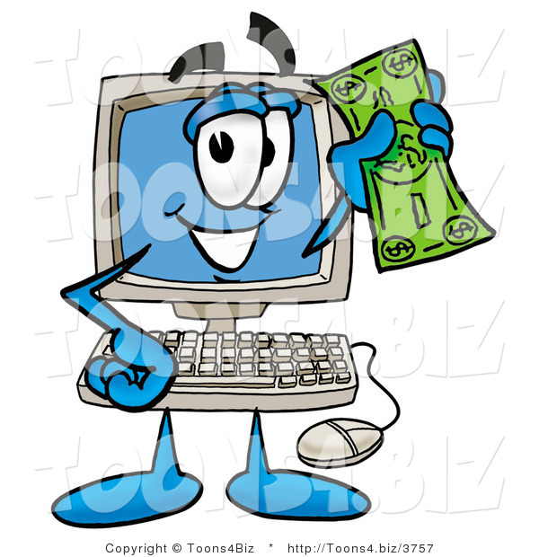 Illustration of a Cartoon Computer Mascot Holding a Dollar Bill