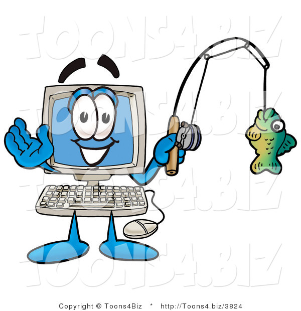 Illustration of a Cartoon Computer Mascot Holding a Fish on a Fishing Pole